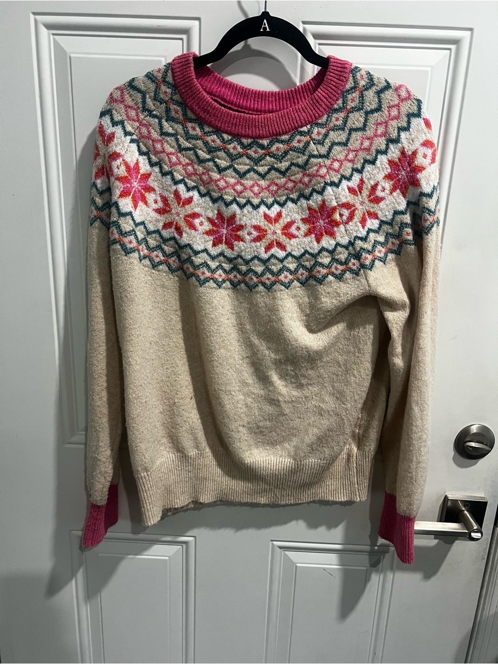 Holiday Time Cream Fair Isle Crewneck Sweater with Pink Trim